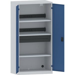 LISTA Accuoplaadkast met stroomvoorziening, 3 legborden, 2 laden, deuren van massief plaatstaal, grijs/blauw