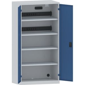 LISTA Accuoplaadkast met stroomvoorziening, 4 legborden, deuren van massief plaatstaal, 2 contactdooslijsten op de achterkant met FI/LS-schakelaar, grijs/blauw