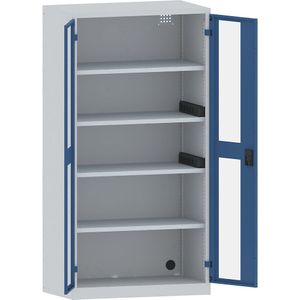 LISTA Accuoplaadkast met stroomvoorziening, 4 legborden, deuren met zichtvenster, 2 contactdooslijsten op de zijkant, grijs/blauw