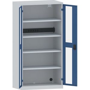LISTA Accuoplaadkast met stroomvoorziening, 4 legborden, deuren met zichtvenster, contactdooslijst op de achterkant, grijs/blauw