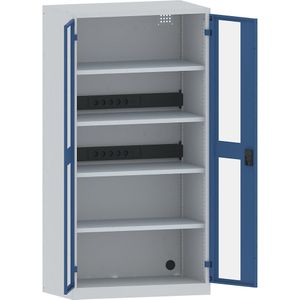 LISTA Accuoplaadkast met stroomvoorziening, 4 legborden, deuren met zichtvenster, 2 contactdooslijsten op de achterkant, grijs/blauw