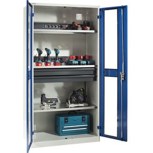 LISTA Accuoplaadkast met stroomvoorziening, 3 legborden, 2 laden, deuren met zichtvenster, grijs/blauw