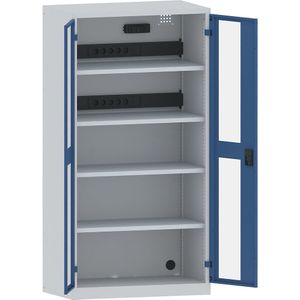 LISTA Accuoplaadkast met stroomvoorziening, 4 legborden, deuren met zichtvenster, 2 contactdooslijsten op de achterkant met FI/LS-schakelaar, grijs/blauw