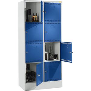 LISTA Accuoplaadkast met stroomvoorziening en lockers, met 2 x 4 vakken, 2 x 230 V, grijs/blauw