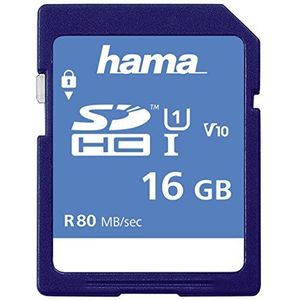 Hama Geheugenkaart SDHC 16GB (SD-3.01-standaard, 80 MB/s, klasse 10, gegevensbeveiliging dankzij mechanische schrijfbescherming, etiketteringsveld)