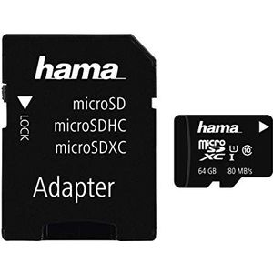 Hama geheugenkaart voor telefoon (Micro SDXC voor telefoon/klasse 10, 64 GB, 80 MB/s, mobiele adapter), zwart