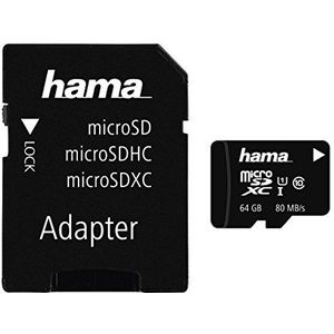 Hama Fotogeheugenkaart (Micro SDXC voor foto/klasse 10, 64 GB - 80 MB/s, fotoadapter) zwart