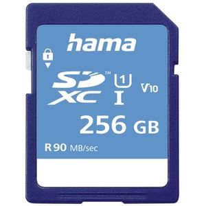 Hama 256 GB SDXC-geheugenkaart, klasse 10, V10, UHS-I (tot 90 MB/s, voor full-HD- en 3D-video-opnames, bijv. digitale camera, camcorder, videocamera, met schrijfbescherming) SDXC-kaart