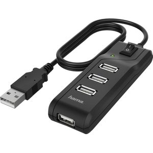 Hama USB-hub multiport data (4 aansluitingen, USB 2.0, gegevensoverdrachtssnelheid 480 Mbit/s, aan/uit-schakelaar, led-indicator, plug en play, compact, robuust) zwart