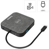 Hama USB C Hub 12 poorten (multiport-adapter en draadloze oplader, 1x HDMI 4K Ultra HD, 1x Ethernet, 4x USB-A, USB-C-adapter met snellaadfunctie, PD, docking station voor kantoor, thuiskantoor) grijs