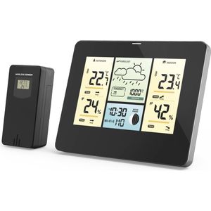 Hama WiFi-weerstation met app (draadloos weerstation met buitensensor, slim weerstation met thermometer, hygrometer, barometer en voorspelling, waarden voor binnen- en buitengebruik, kleurendisplay) zwart