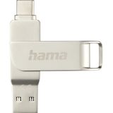 Hama USB Stick, 64GB, USB C 3.1/3.0, USB A (Speicherstick, USB Stick 3.0, USB 3.1, USB C Stick, Datenspeicher, USB A, klein, Ultra schnell, 70MB/s, Drehmechanismus, universal, Metall) Silber