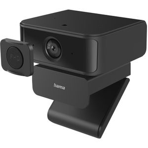 Hama Webcam QHD C-650 Face Tracking (gezichtsherkenning door IA en horizontale tracker op radius 355°, USB-C, autofocus, plug & play, ideaal voor YouTube Teams, 360° draaibaar, camera-afdekking) zwart