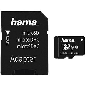 Hama microSDXC 256GB Klasse 10 UHS-I 80MB/s + Adapter/Mobiel (microSDXC, 256 GB, U1, UHS-I), Geheugenkaart, Zwart