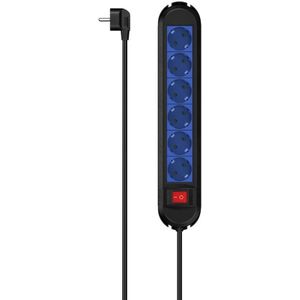 Hama Stekkerdoos, 6-voudig, schakelaar, wandmontage, 1,5 m (stekkerdoos met schakelaar, 6-voudige stekkerdoos, meervoudige stekker, aanraakbeveiliging, verlicht, 45 graden) zwart-blauw