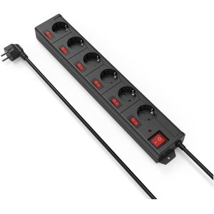 Hama - Schuko-stopcontact, 6 plaatsen, schuko-stopcontact, met schakelaar, 1,4 m kabel, eenvoudige stekkerbediening, zwart