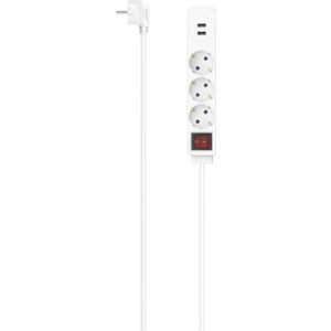 Hama 223181-3-voudig geaarde stopcontact, geaarde stekker, kabel van 1,4 meter, wit, met aan/uit-schakelaar, 2 USB-A-stopcontacten, 17 watt