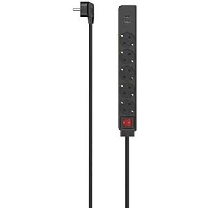 Hama - Schuko-stekkerdoos 5-voudig geaarde stekker, 1,4 meter kabel, zwart, met aan/uit-schakelaar, 2 x USB A 17 watt