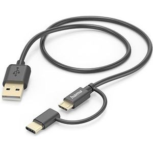 Hama 2-in-1 kabel USB 2.0 A - USB C/microUSB (oplaadkabel, adapter, USB-A, USB-C, kabel, 480 Mbit/s, 1 m) zwart