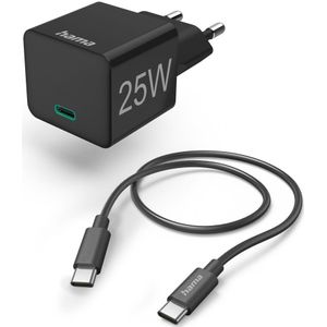 Hama USB-C snellader (USB-C voeding, PD, 25 W, USB-C oplaadkabel 1,5 m, universele netadapter, mini-oplader vervanging voor Samsung Galaxy, Sony, Xiaomi, Huawei, LG, HTC) zwart