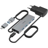 Hama - USB A hub met type C adapter, 4 USB A, USB 3.2 Gen 1, tot 5 Gb/s, voeding, aluminium