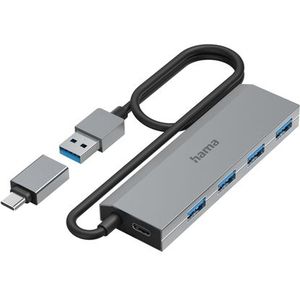 Hama USB-hub, 4-poorts, USB 3.2 Gen1, 5 Gbit/s, inc. USB-C-adapter en netadapter