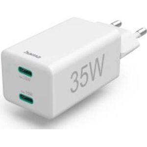 Hama Snellader 2x USB C (2-poorts universele laadstekker voor smartphone, iPhone, Samsung, tablet, MacBook Air, meervoudige oplader 35 watt met Power Delivery en Qualcomm, mini-oplader) wit