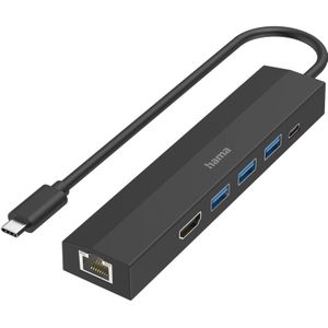Hama USB-Hub 6 Ports (3X USB-A, USB-C, HDMI, LAN, Ethernet, für Maus, Tastatur, Monitor, Netzwerk etc., bis zu 5 Gbps, Ultra HD, 4K, Thunderbold, Power Delivery)