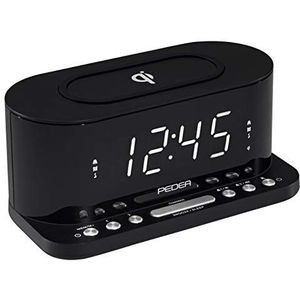PEDEA FM-wekkerradio met QI inductieve oplaadfunctie en dimbaar display, snooze, dubbel alarm en slaaptimer, zwart