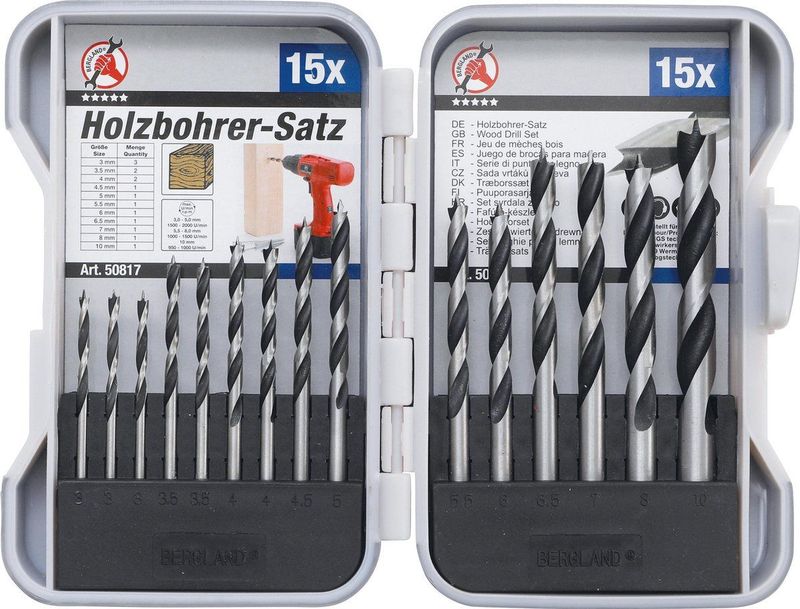 Houtboren set - 3mm - 10mm - 15 delig - in doosje - BGS50817