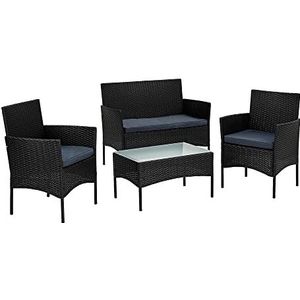 STILISTA® Polyrattan zitset 1 bank + 2 stoelen + 1 tafel met glazen blad, loungeset, zwart