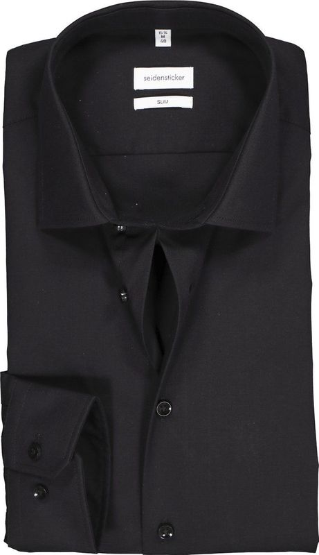 Seidensticker - Herenoverhemd - Zwart - Katoen - Slim Fit
