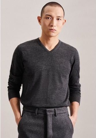 SEIDENSTICKER - Trui - Grijs Gemêleerd - Wol - V-hals - Lange Mouw