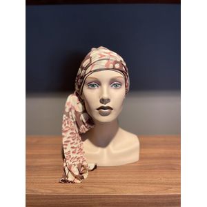 Turban / muts met sjaal taupe met roze