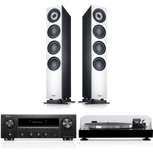 DEFINION 3 - Stereo Speakers - Wit - DENON DRA-900H - Stereo AV Netwerkontvanger - DUAL DT 500 - Hifi-Platenspeler