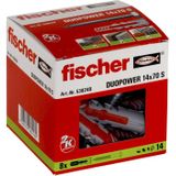 fischer DUOPOWER 14 x 17 S, universele en professionele kunststof pluggen in kartonnen doos voor bevestigingen in beton, baksteen, steen, gipsplaat, sterke 2 componenten plug met schroef, 16 stuks