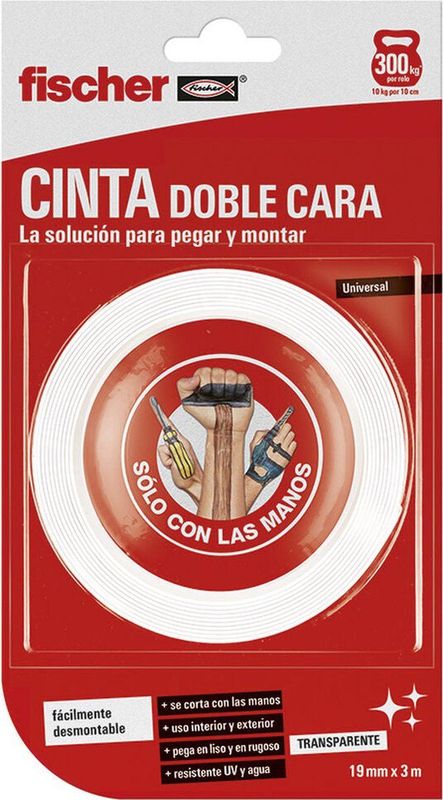 Fischer - Dubbelzijdig Plakband - Wit - 3 m x 19 mm - 1 Stuks
