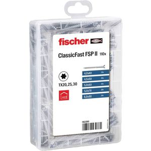fischer ClassicFast Meisterbox Assortimentsdoos met spaanplaatschroeven voor interieur hout bouwmaterialen verzonken kop gedeeltelijke schroefdraad Torx blauw verzinkt 110 stuks artikelnr. 562280