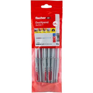 fischer DuoXpand 8 x 100 T, hoogwaardige universele pluggen met verzinkte verzonken schroef (10 stuks), pluggen voor sterke grip, ideaal voor poreuze bouwmaterialen en verankeringen dicht bij de rand