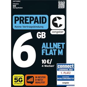 congstar Allnet Flat Plus [SIM, Micro-SIM en Nano-SIM] Maandelijks contract (1 GB data met vaste snelheid bij 21 Mbit/s, Allnet Flat in alle Duitse netwerken)