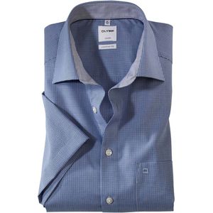 OLYMP - Blauw Geruit Overhemd - Katoen - Korte Mouwen - Kent Kraag