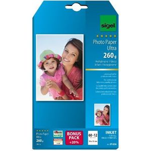 SIGEL IP656 InkJet-fotopapier Ultra, 10x15 cm, 60 + 12 vellen gratis, hoogglanzend, extreem lichtbestendig, 260 g