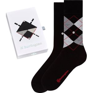Burlington 2-paar heren sokken - Cadeau verpakking - Gift Box - Katoenen sokken met ruit print  - Zwart