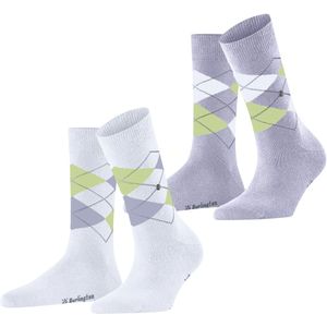 Burlington - Everyday Argyle - Sokken - Wit - 2-Pack van gedessineerd katoen