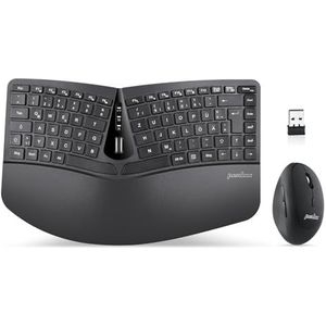 Perixx Periduo-606, ergonomisch draadloos compact toetsenbord en verticale muis desktop set, gedeeld toetsenveld, 4-weg-scrolwiel, aanpasbare polssteun en platte toetsen met verticale muis