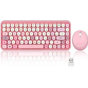 Perixx PERIDUO-713 Draadloos toetsenbord en muis met afgeronde knoppen in retrostijl, roze