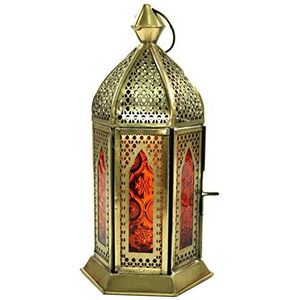 Guru-Shop Oosterse Lantaarn van Metaal/glas in Marokkaans Design, Windlicht, Oranje, Kleur: Oranje, 21x9,5x9,5 cm, Oosterse Lantaarns