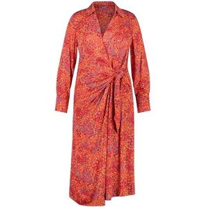 Samoon Robe portefeuille pour femme avec détail nœud à manches longues, poignets à motifs longueur mollet, Motif rouge puissant, 54 grande taille
