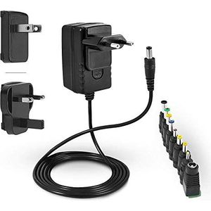 LEICKE ULL Voeding 12V 2A | TÜV-certificering | Oplader 24W met 9 verschillende adapterkoppen voor kleine elektronische apparaten: LCD, WLAN-router, hub, ledstrip, scanner, switch