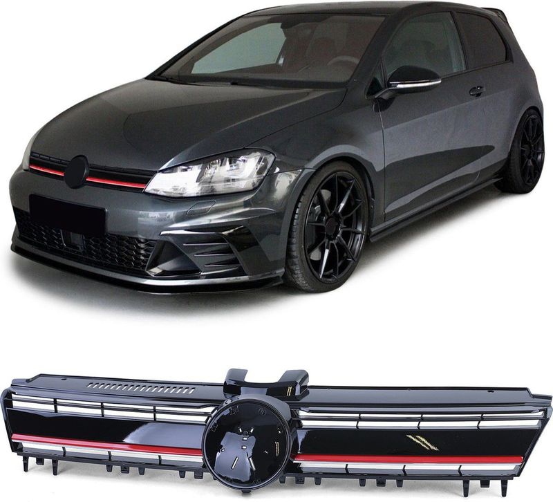 Auto grille - VW Golf 7 12-17 - Zwart Rood R Sport Look - Glanzend Zwart